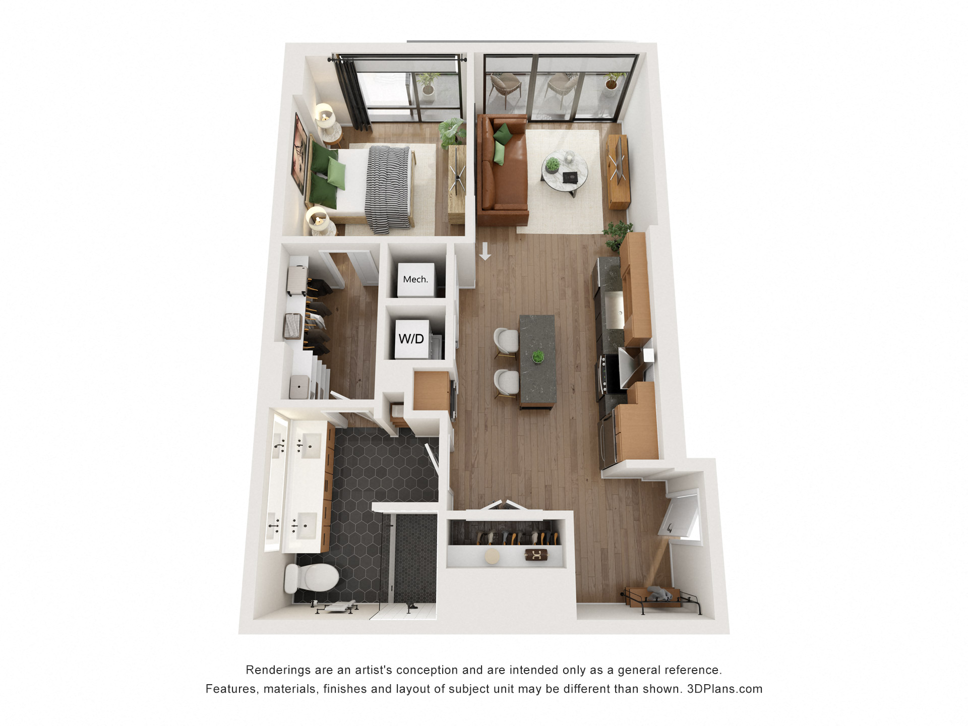 Floor plan for 1 bed, 1 bath, 690 sqft
